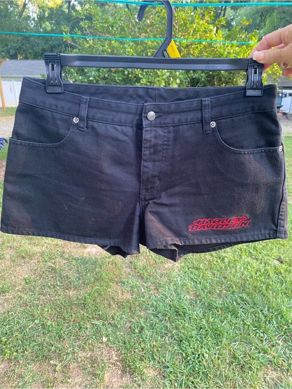Harley-Davidson Women's Black Denim Shorts with Red Logo “Vroom” Sz 8